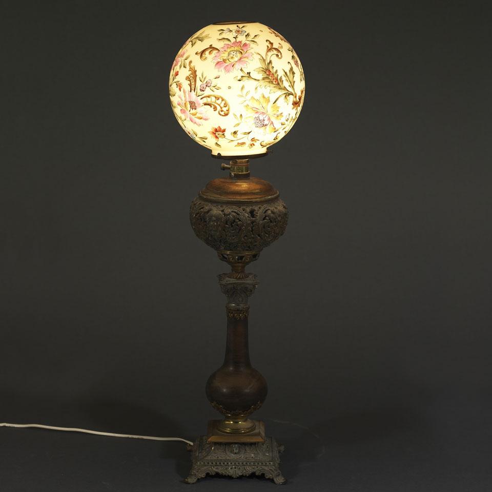Gilt Metal and Enameled Glass Banquet Lamp, late 19th century