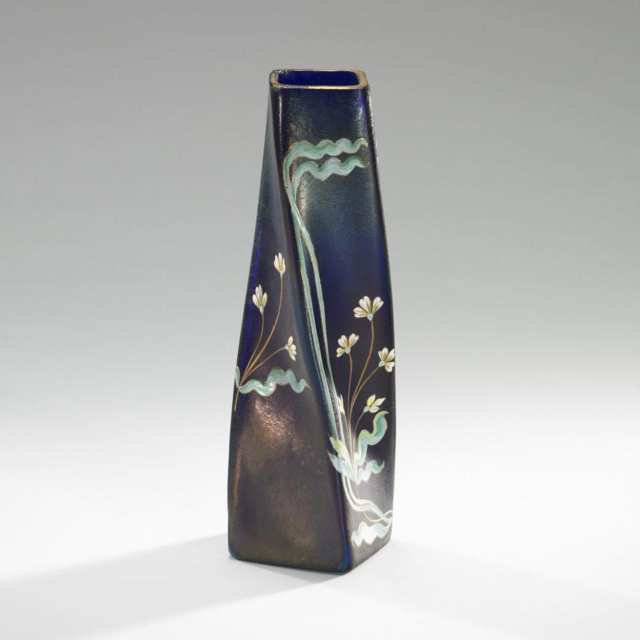 Bohemian Enameled Iridescent Blue Glass Vase, c.1900