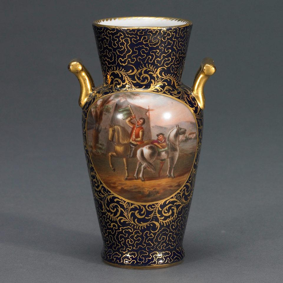Continental Porcelain Scenic Paneled Blue and Gilt Ground Vase, probably German, 19th century