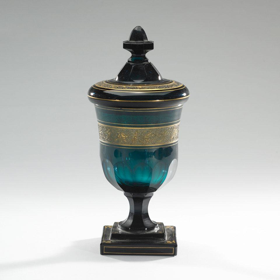Bohemian Gilt Banded Blue-Green Glass Covered Goblet, probably Moser, early 20th century