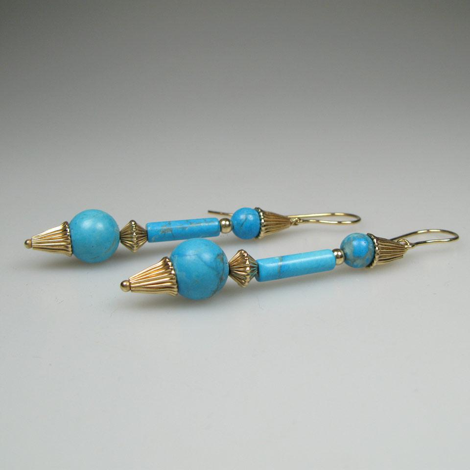 Pair Of Secrett’s 14k Yellow Gold And Turquoise Drop Earrings