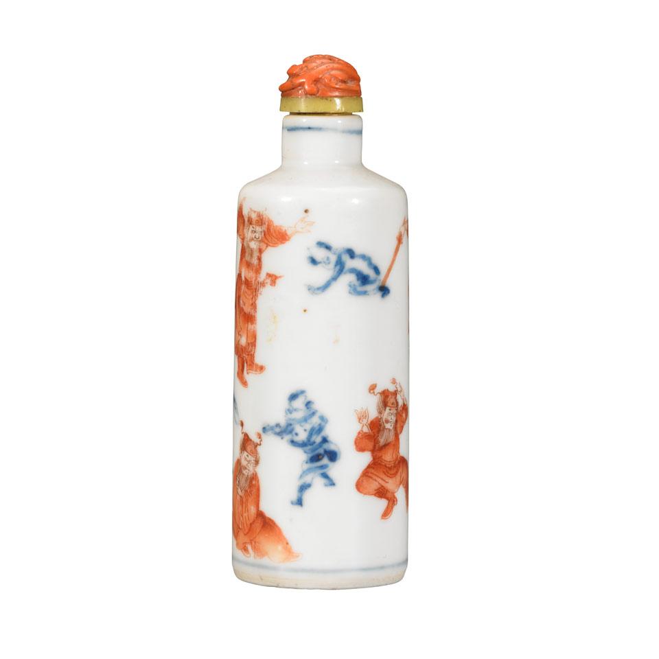Blue, White  and Iron Red Zhongkui Snuff Bottle 