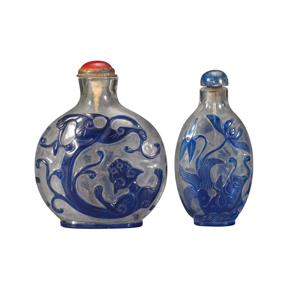 Two Blue Overlay Glass Snuff Bottles, Qing Dynasty, 19th Century
