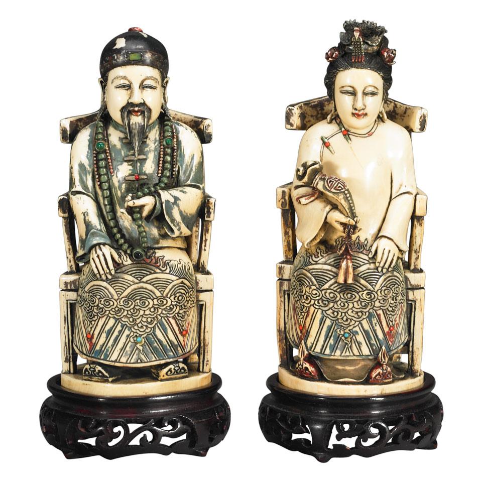 Tinted Ivory Carved Seated King and Queen