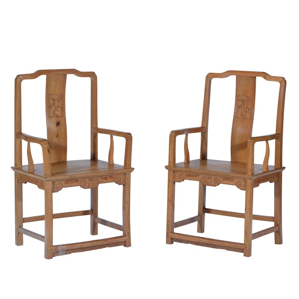 Pair of Elmwood Arm Chairs, Qing Dynasty, 19th Century