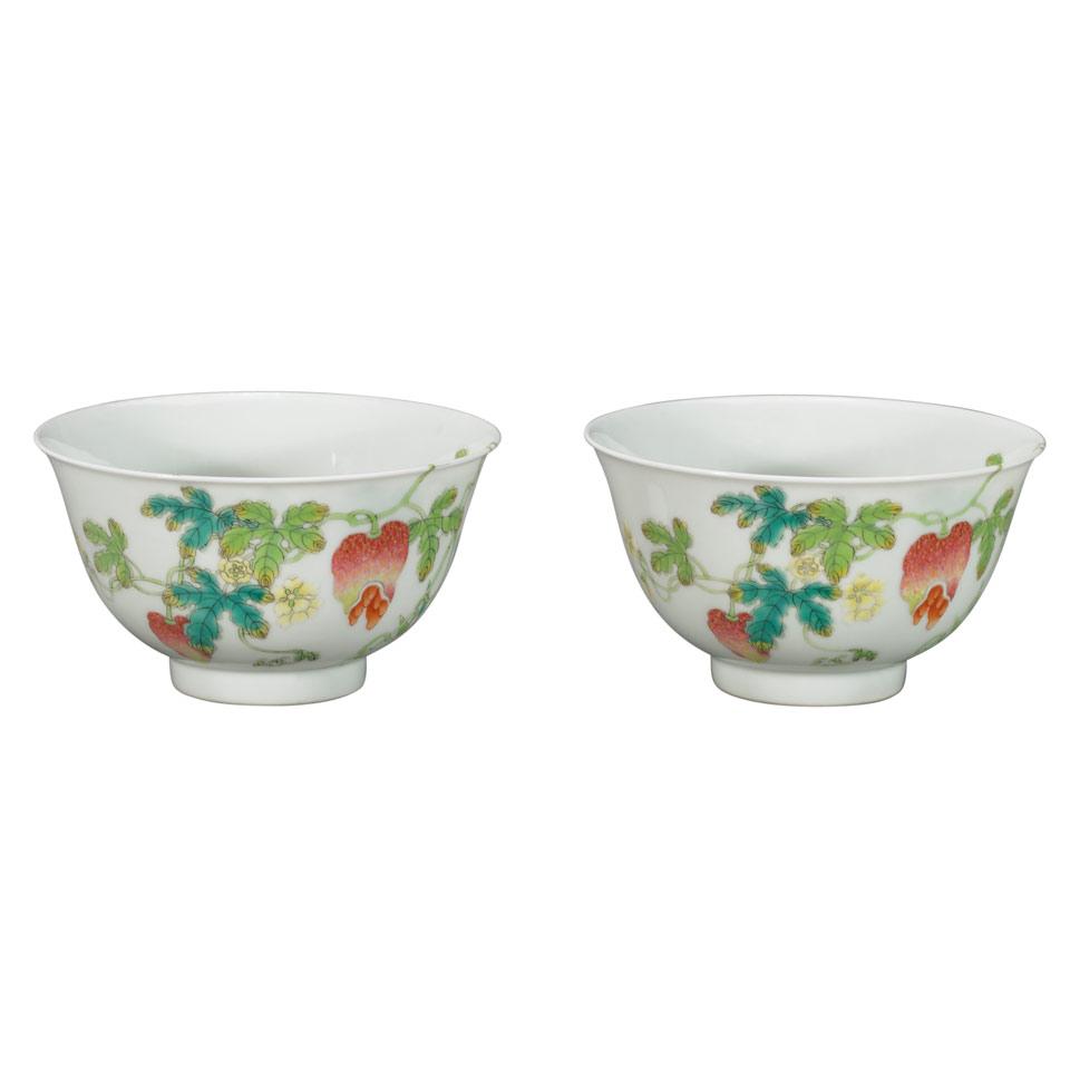 Pair of Famille Rose Pomegranate Bowls, Qianlong Mark