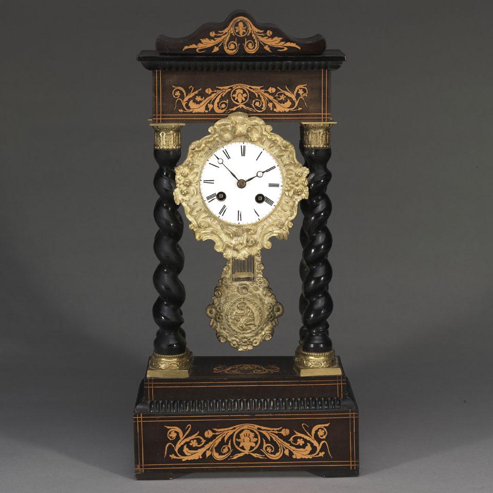 French Ebonized and Marquetry inlaid Portico Clock, 19th century