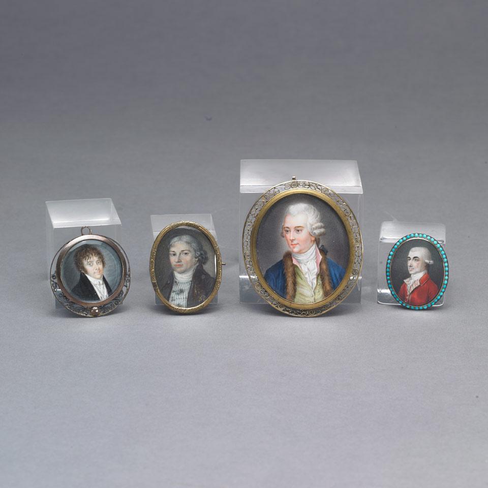 Group of Four Continental and British School Portrait Miniature of Gentlemen, 18th/early 19th century