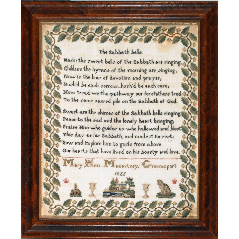 English Linen Verse Sampler, Mary Ann Macartney, Groomsport, 1855