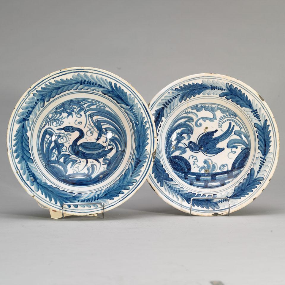 Near Pair Spanish Faience Blue and White Ceramic Bowls, early 18th century