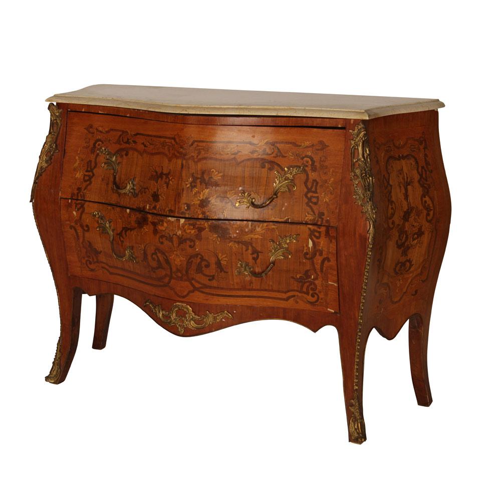 Louis XV Style Marquetry Two Drawer Bombe Front Commode with marble top