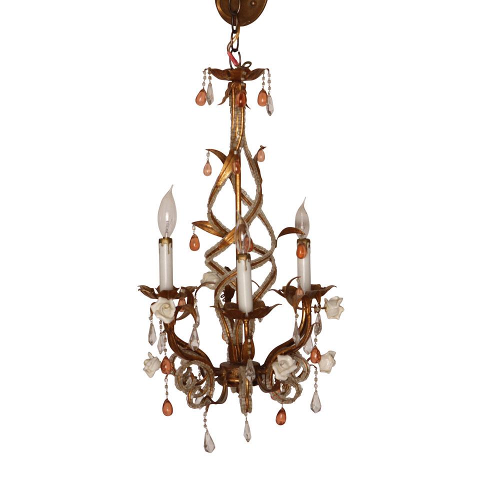 French Gilt Metal, Glass and Porcelain Three Light Chandelier, mid 20th century