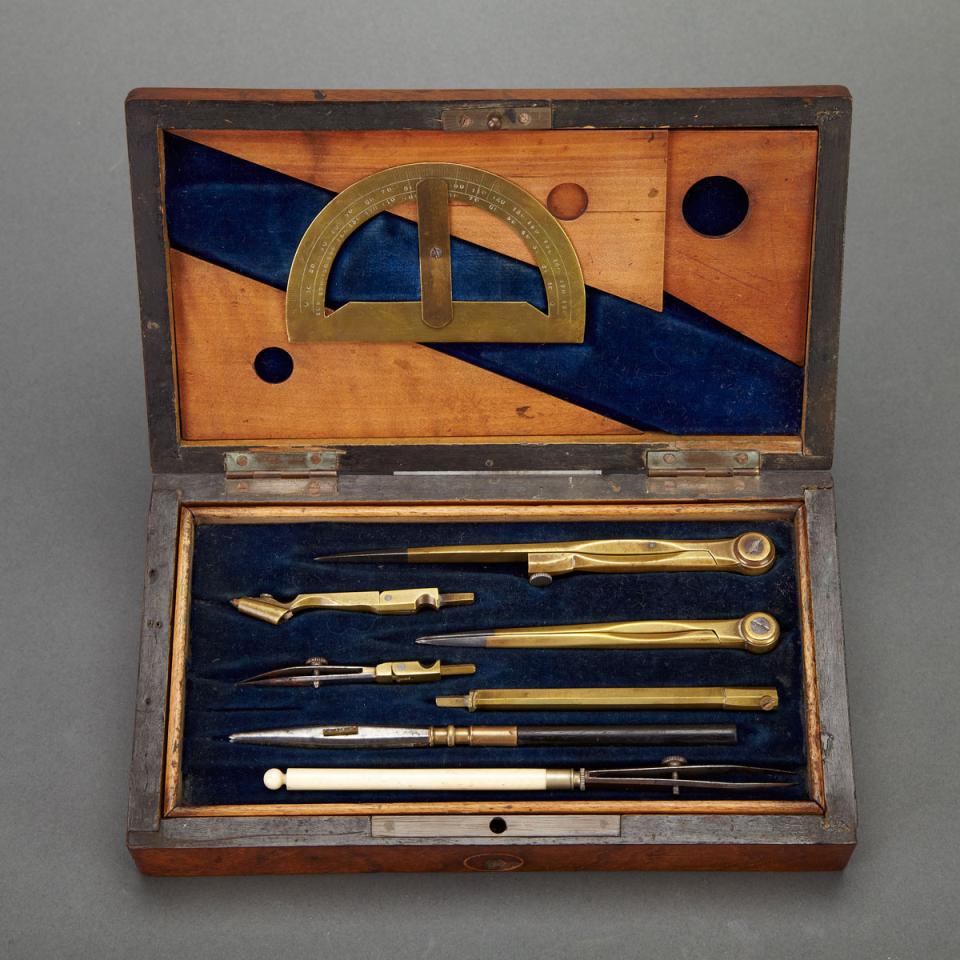 English Rosewood Cased Drafting Set with Watercolours, 19th century