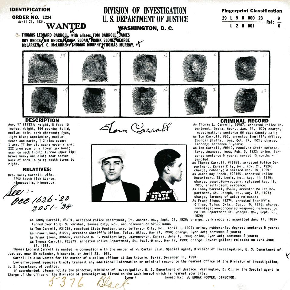 Thomas Leonard Carroll, Division of Investigation, U. S. Department of Justice Wanted Poster, 1934