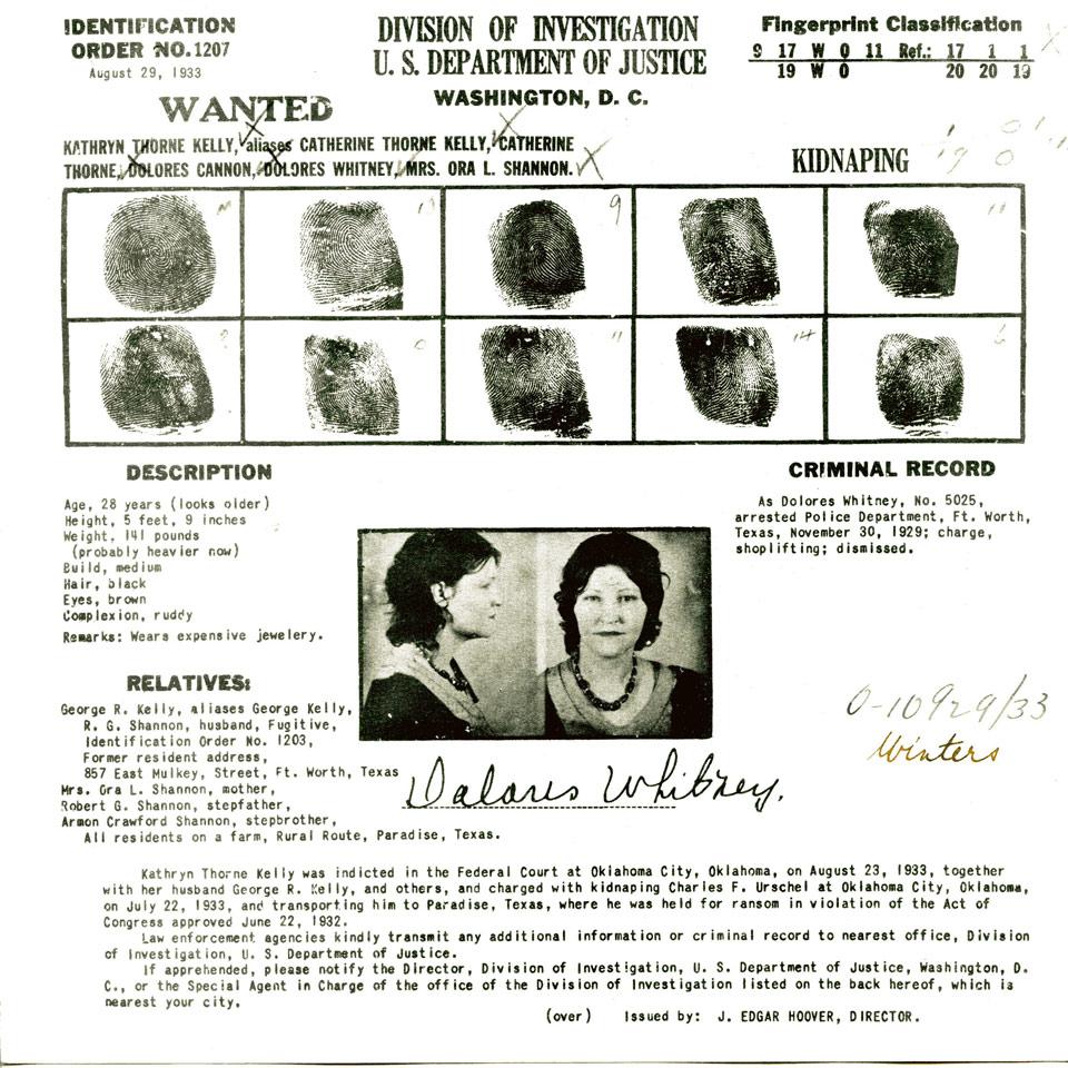 Kathryn Thorne Kelly, Division of Investigation, U. S. Department of Justice Wanted Poster, 1933