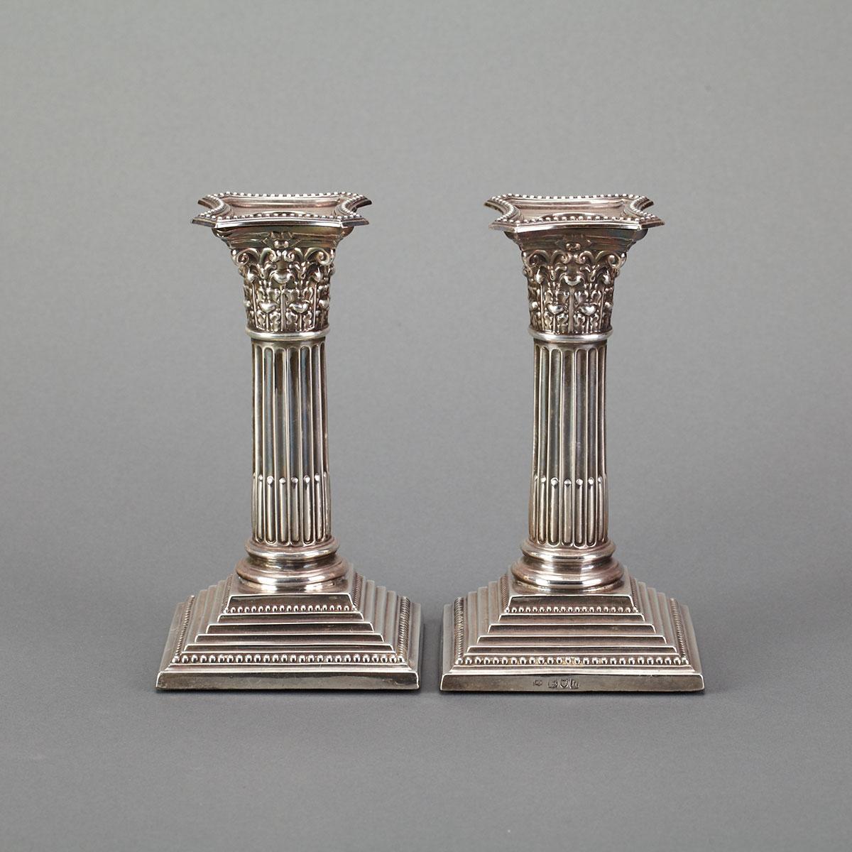 Pair of Edwardian Silver Corinthian Columnar Candlesticks, George Maudsley & David Fullerton, London, 1903