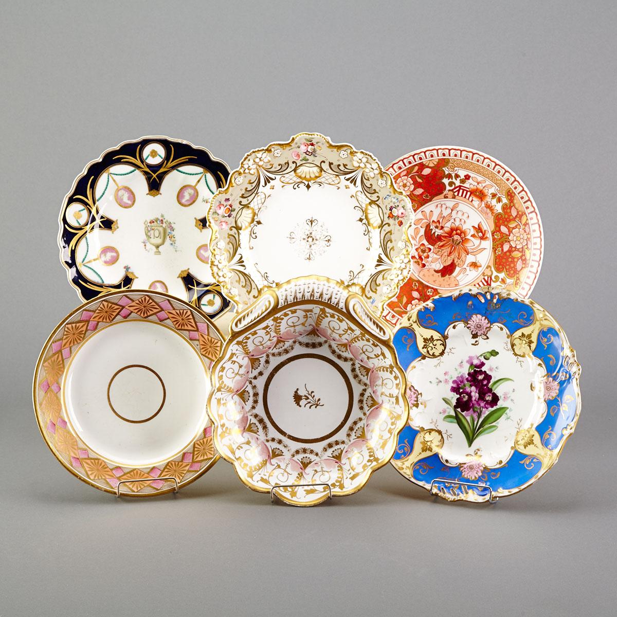 Five English Porcelain Plates and a Shell Dish, late 18th/early 19th century