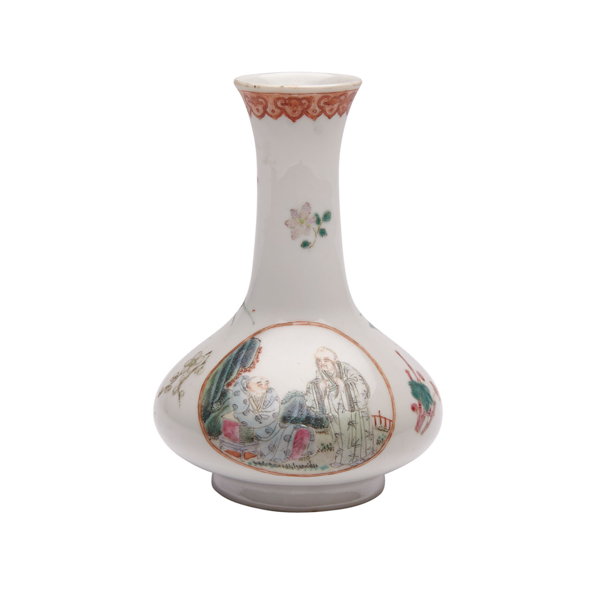Famille Rose Miniature ‘Lohan’ Bottle Vase, Juren Tang Mark, Republican Period