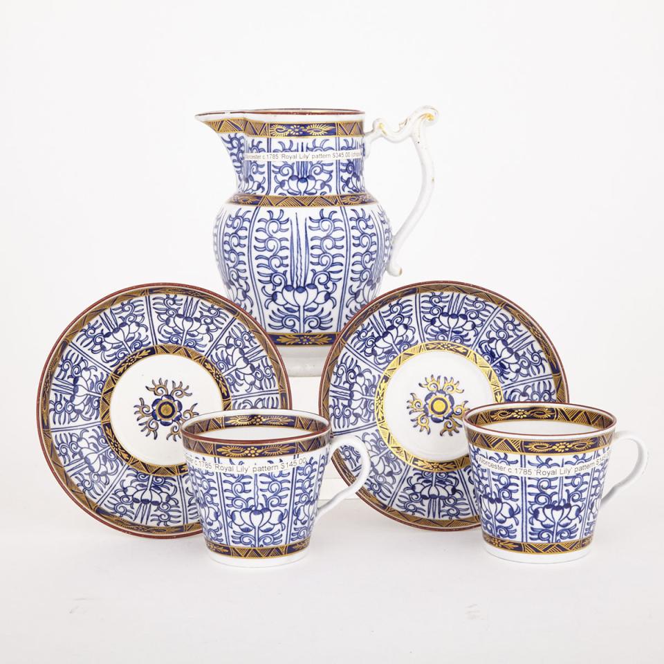 Worcester ‘Royal Lily’ Milk Jug and Two Cups and Saucers, c. 1785