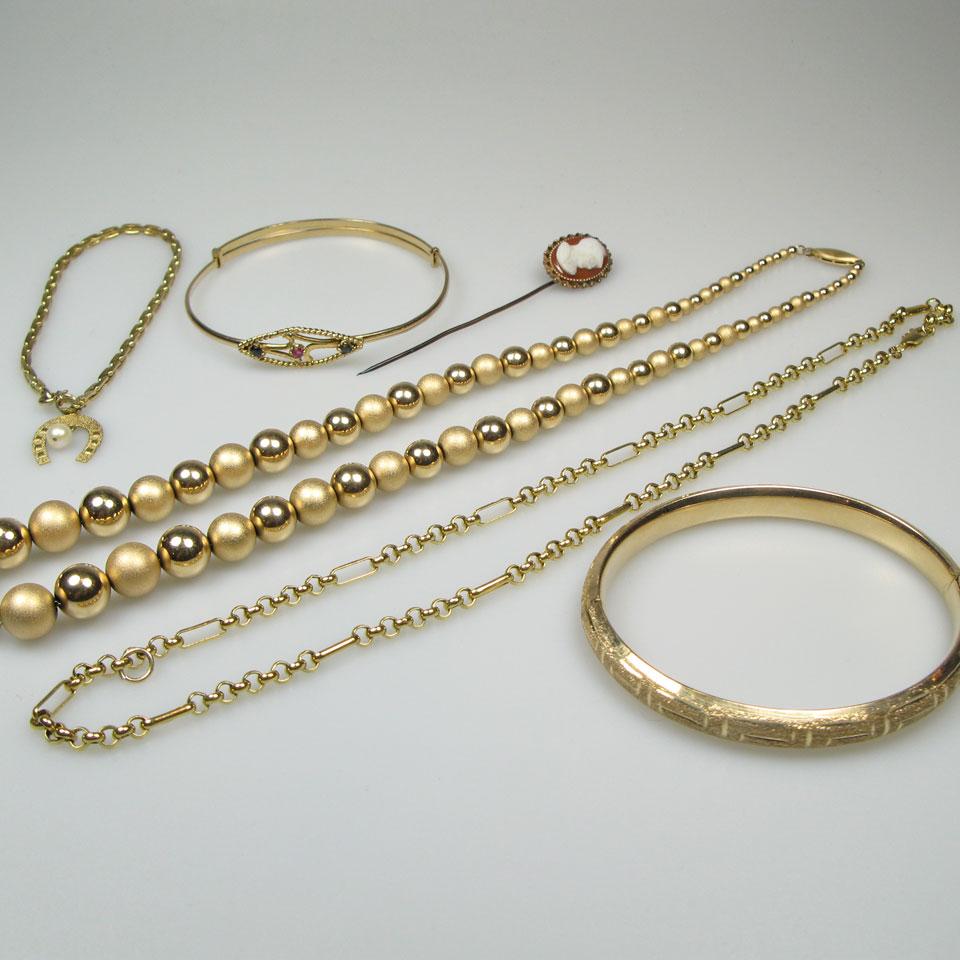Small Quantity Of Gold Jewellery, including a gold-filled stick pin set with an oval carved hardstone cameo